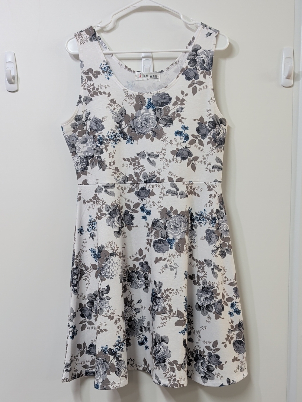 Tam Ware White Grey Floral Skater Mini Dress Size XL
